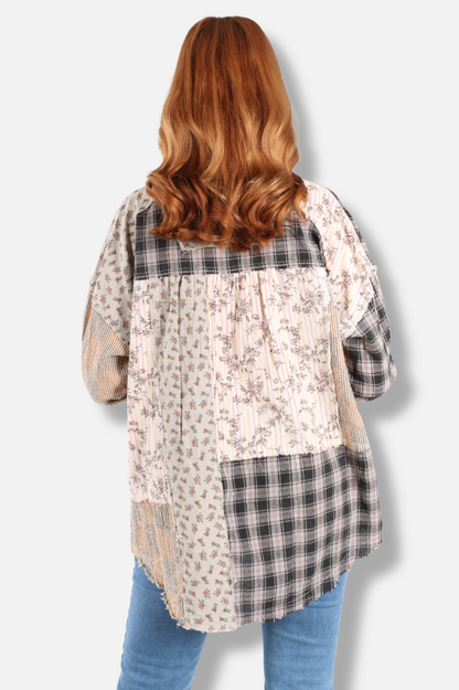 Floral Button Down Top - Taupe & Black 