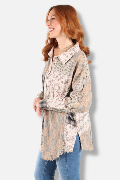 Floral Button Down Top - Taupe & Black 