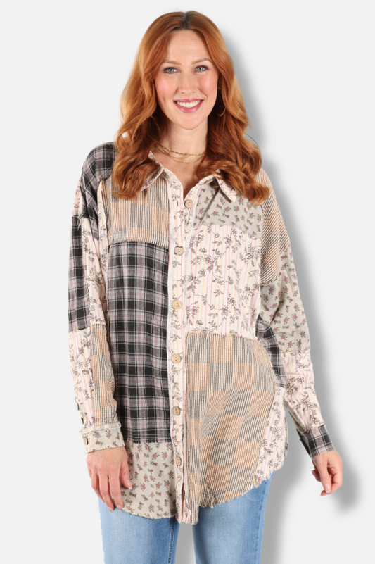 Floral Button Down Top - Taupe & Black 