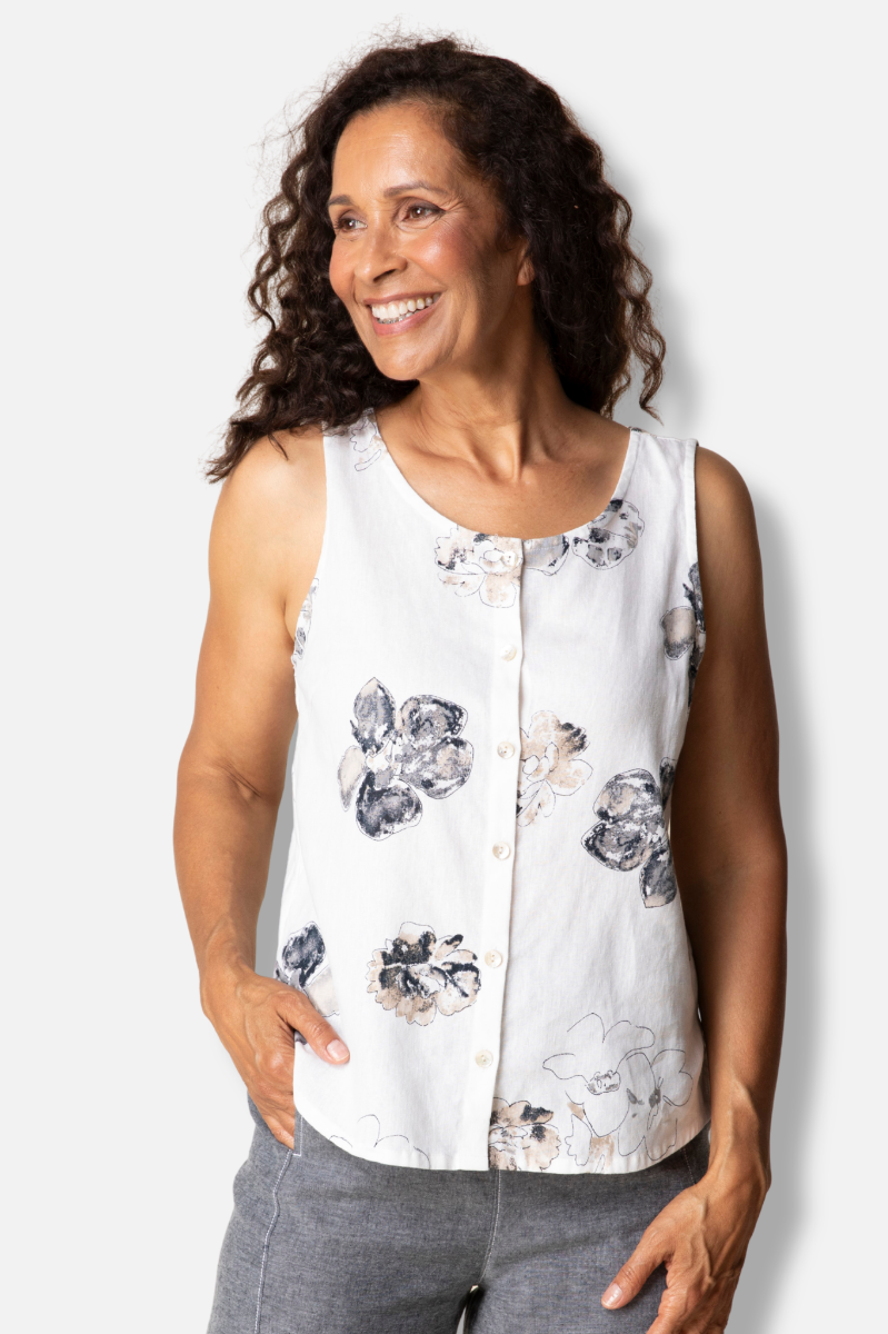 Button Tank - White Floral