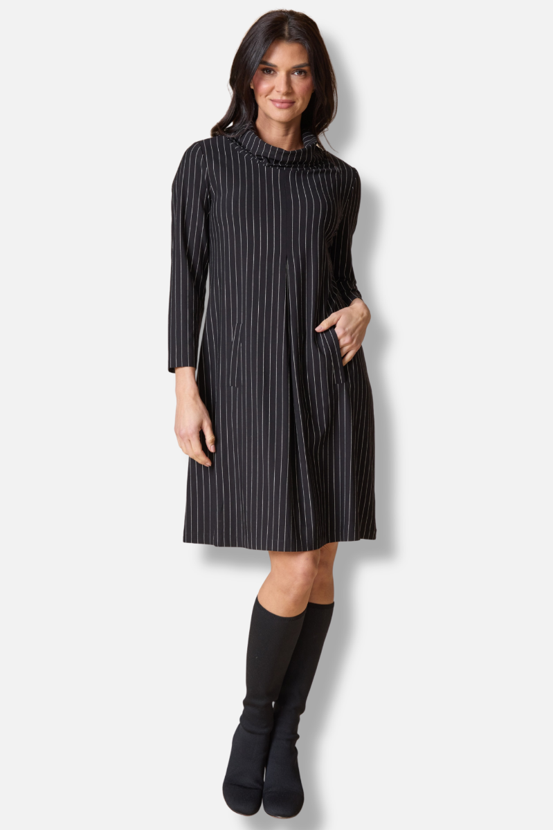 Pleat Front Dress - Black Stripe 