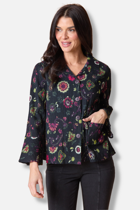Flounce Jacket - Black Boho Floral Print