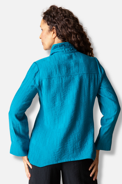 Ruched Collar Shirt - Teal Jacquard