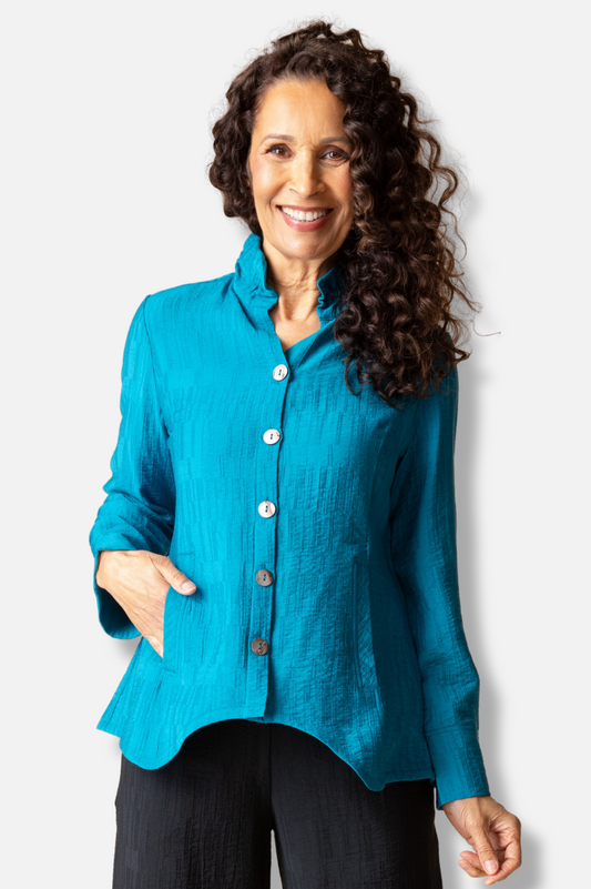 Ruched Collar Shirt - Teal Jacquard