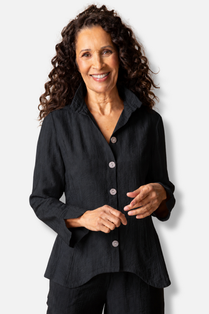 Ruched Collar Shirt - Black Jacquard