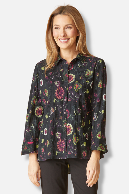 Shaped Shirt - Black Boho Floral Print 