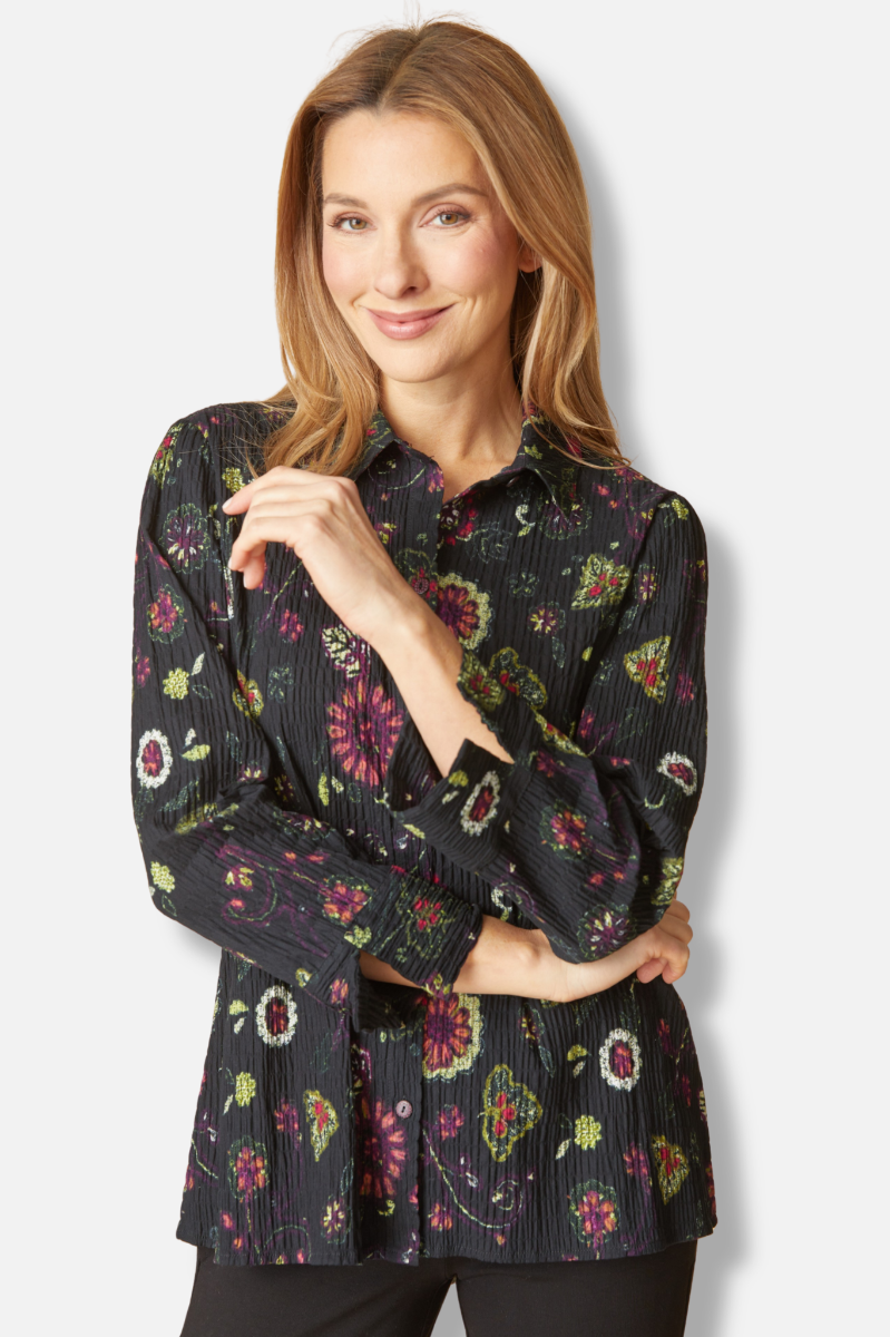 Shaped Shirt - Black Boho Floral Print 