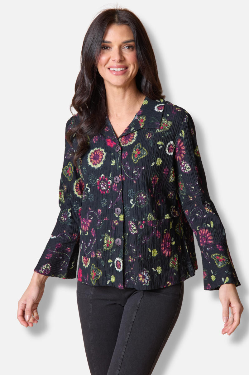 Flounce Jacket - Black Boho Floral Print