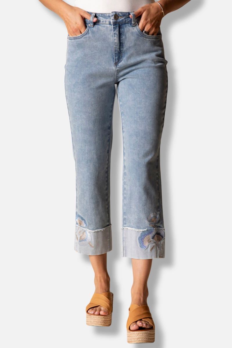 Embroidered Cuff Capri - Light Denim