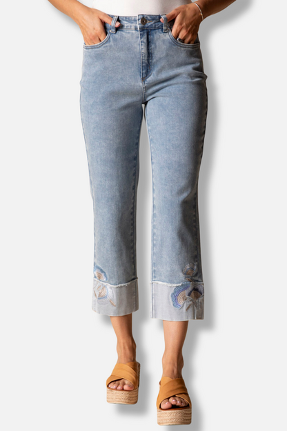 Embroidered Cuff Capri - Light Denim