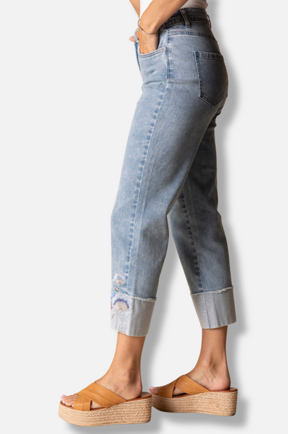 Embroidered Cuff Capri - Light Denim