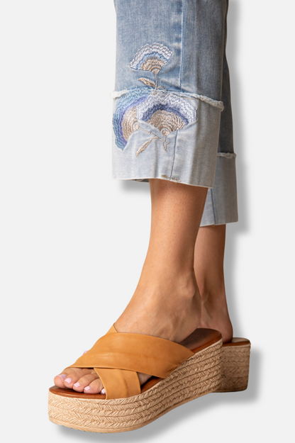 Embroidered Cuff Capri - Light Denim