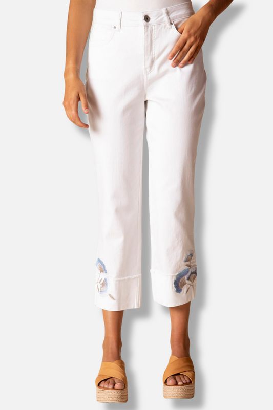 Embroidered Cuff Capri - White