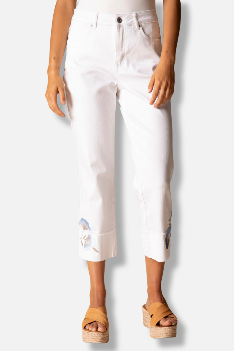 Embroidered Cuff Capri - White