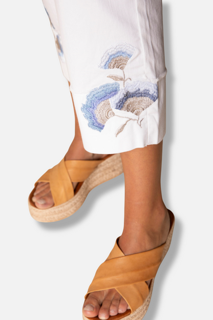 Embroidered Cuff Capri - White