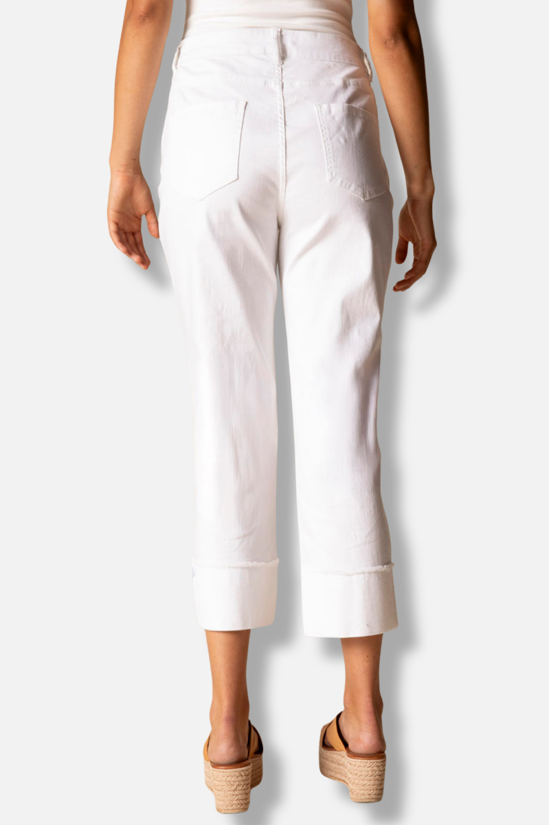 Embroidered Cuff Capri - White