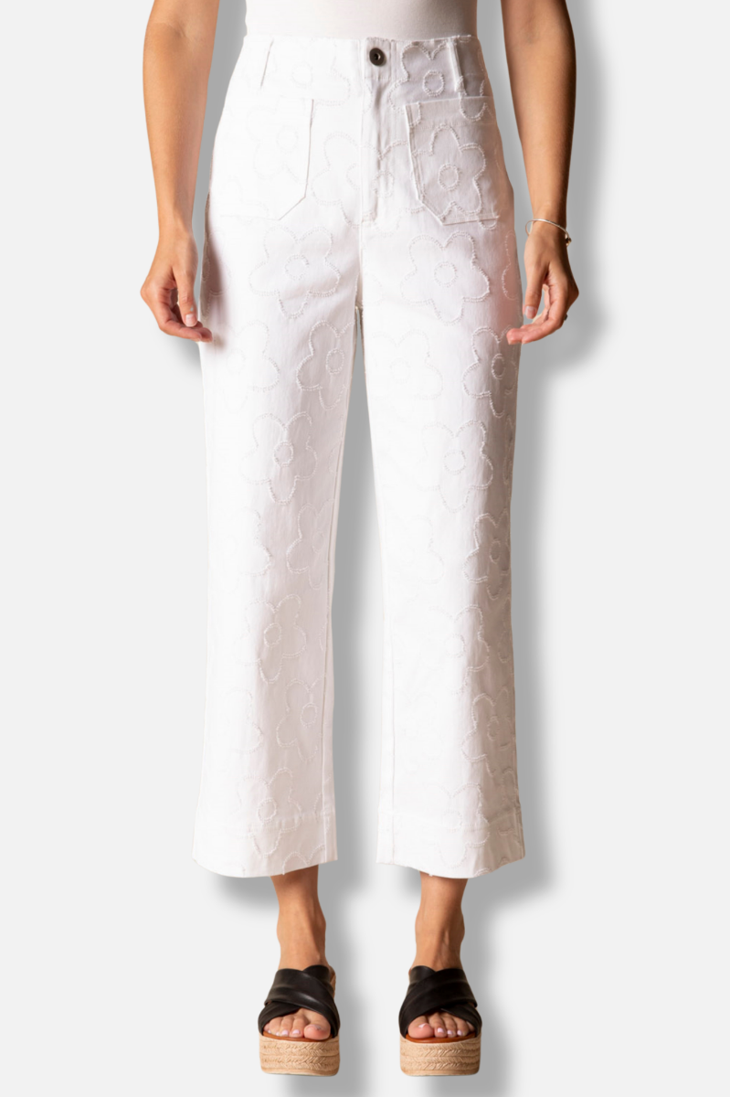 Etched Flower Crop Jean - White