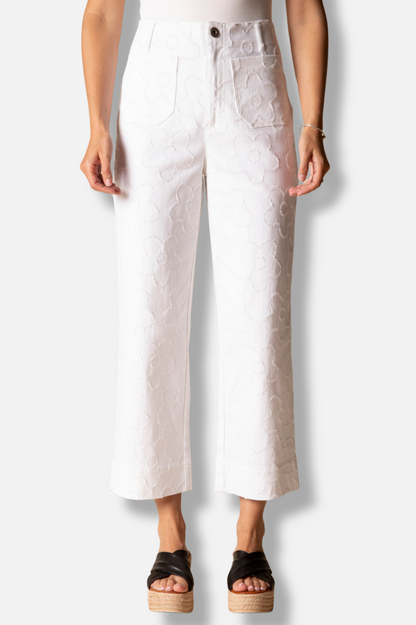 Etched Flower Crop Jean - White