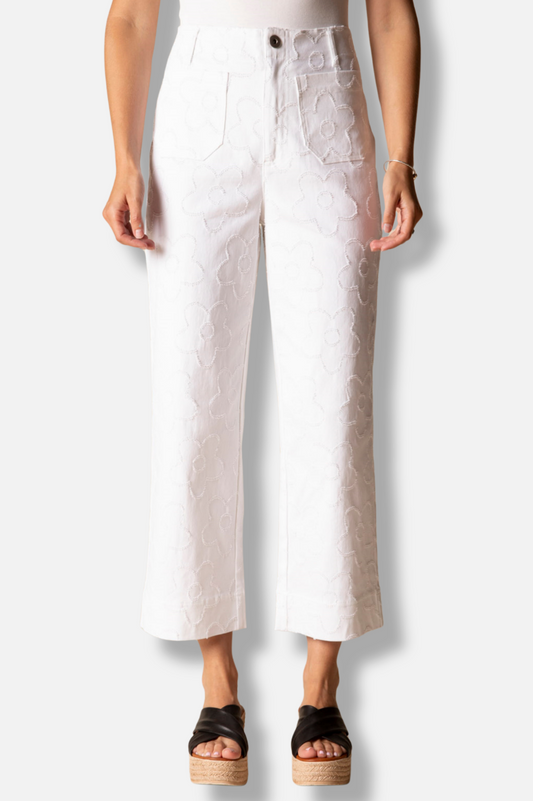 Etched Flower Crop Jean - White