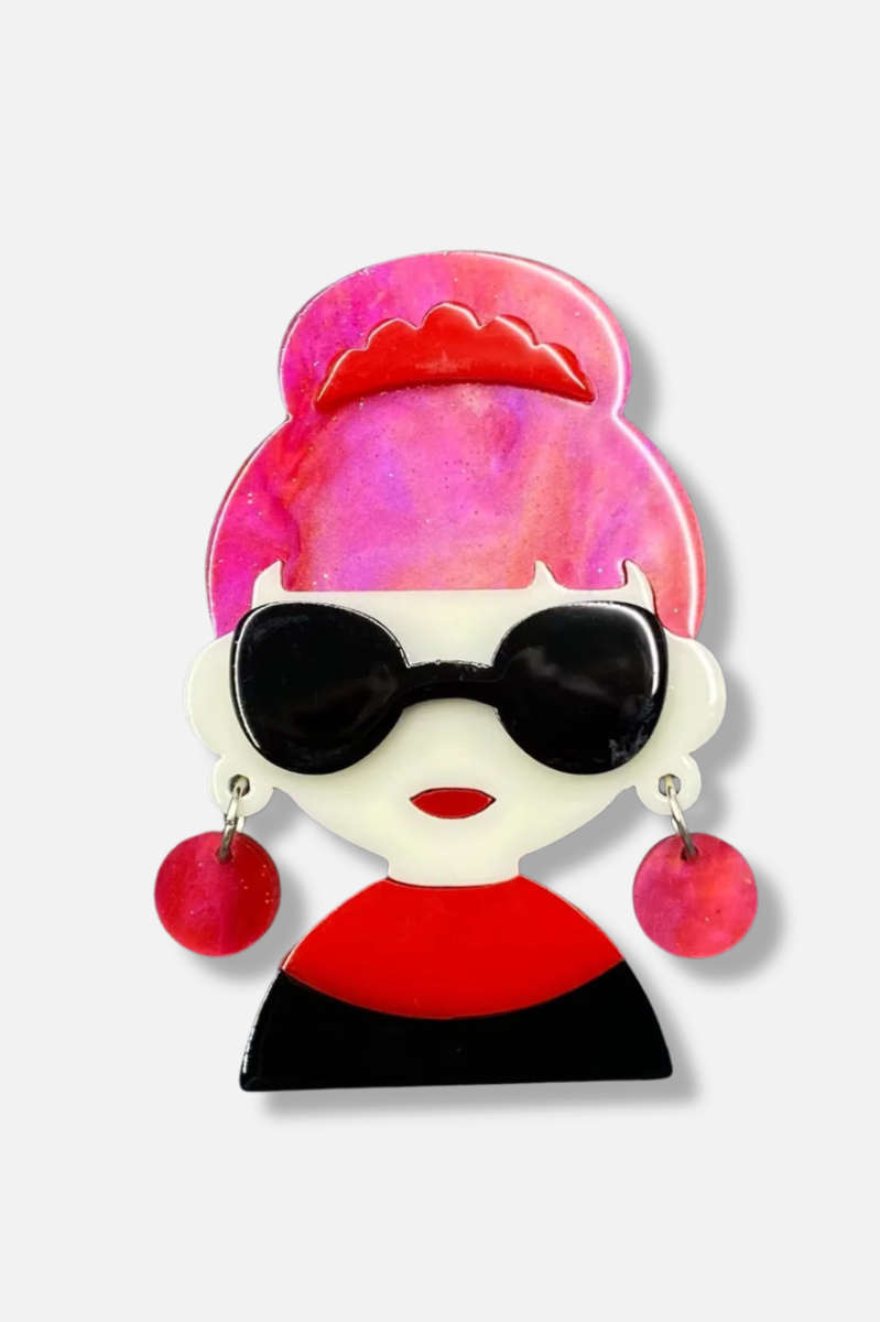 Girl with Sunglasses Brooch - Red & Black