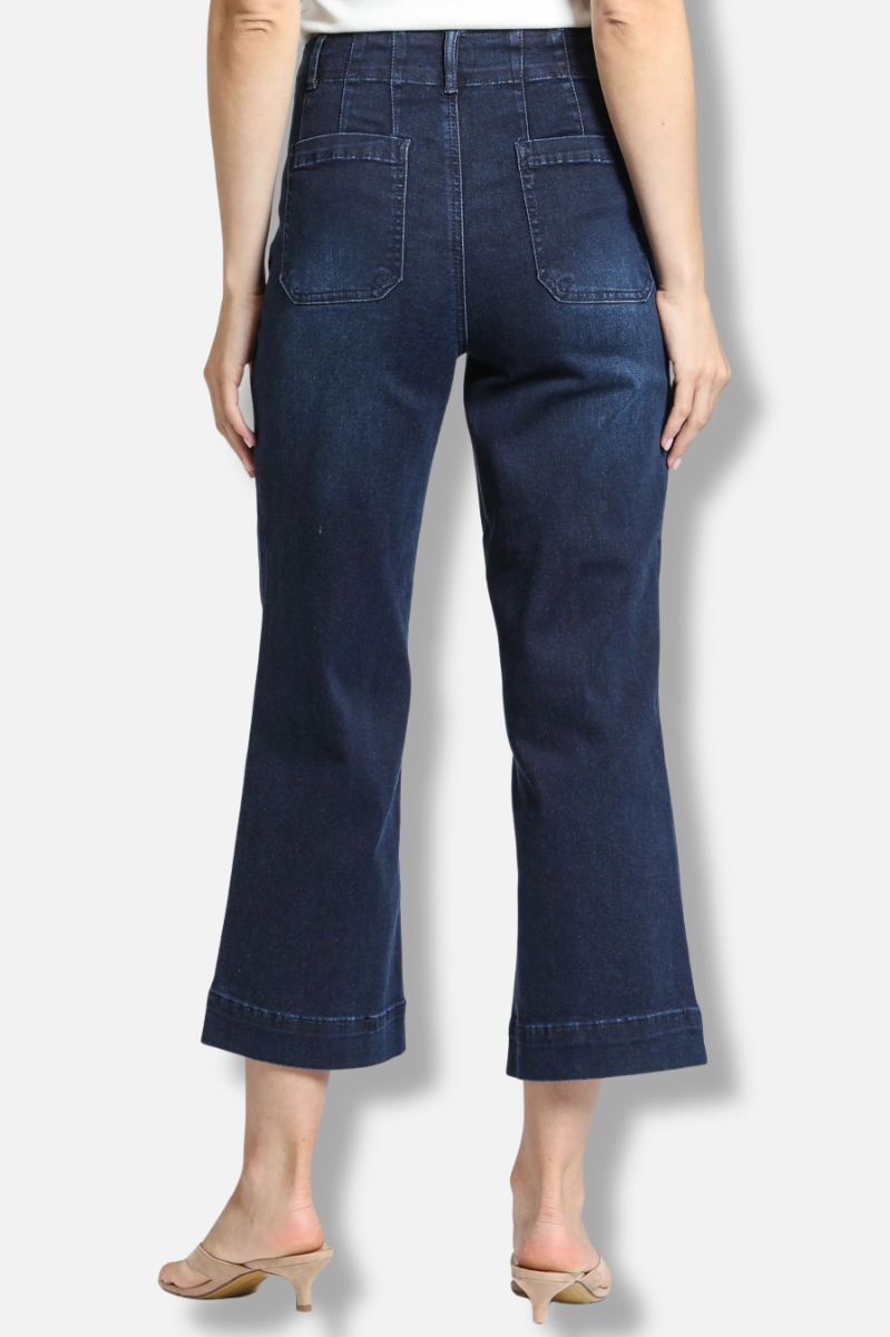 Cropped Wide Leg Denim With Patch Pockets - Dark Indigo