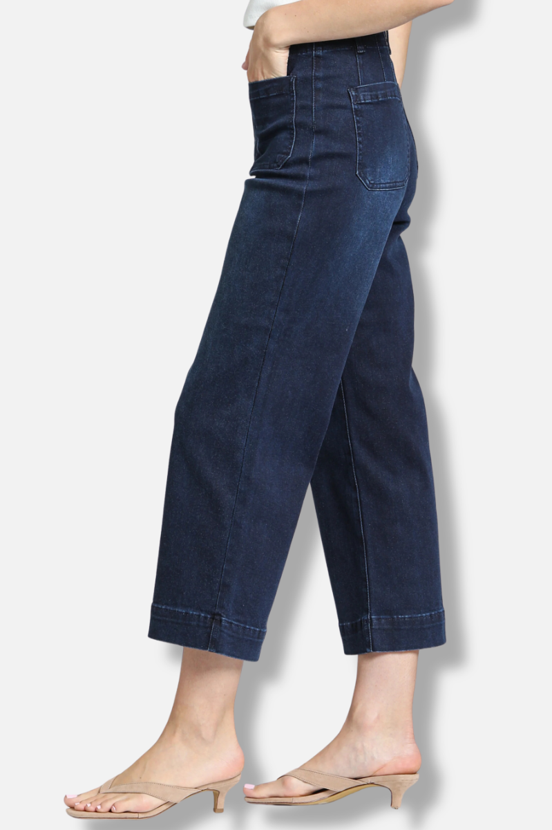 Cropped Wide Leg Denim With Patch Pockets - Dark Indigo