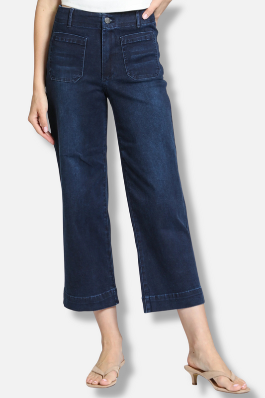 Cropped Wide Leg Denim With Patch Pockets - Dark Indigo