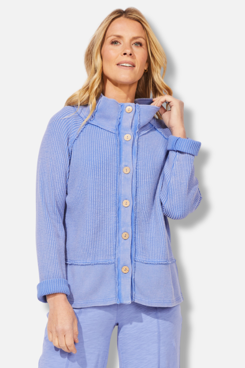 Button Mock Neck Jacket - Baja Blue 