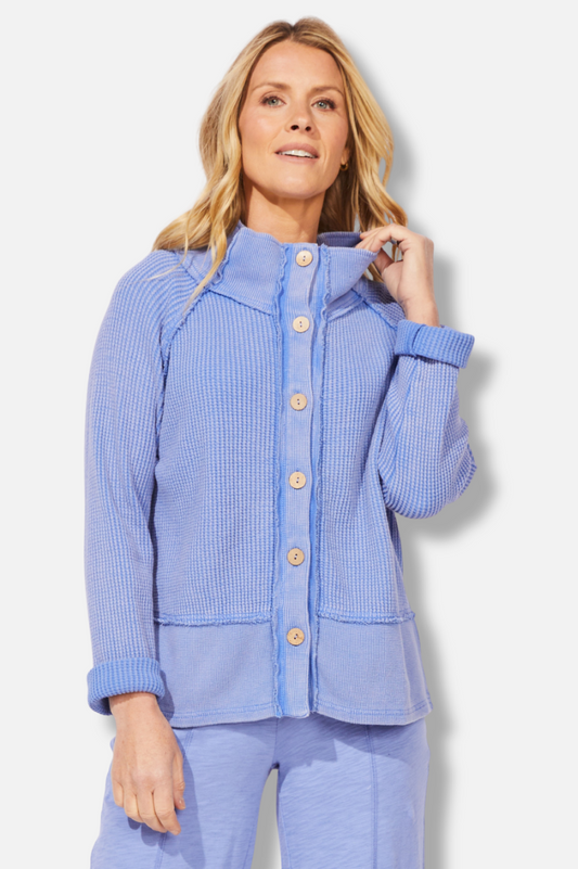 Button Mock Neck Jacket - Baja Blue 