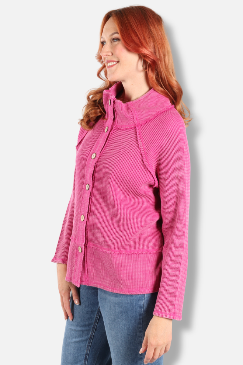 Button Mock Neck Jacket - Fuchsia 