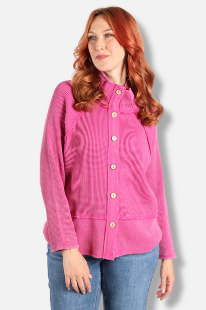 Button Mock Neck Jacket - Fuchsia 