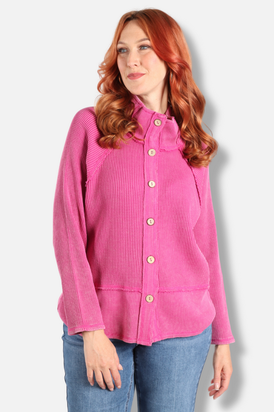 Button Mock Neck Jacket - Fuchsia 