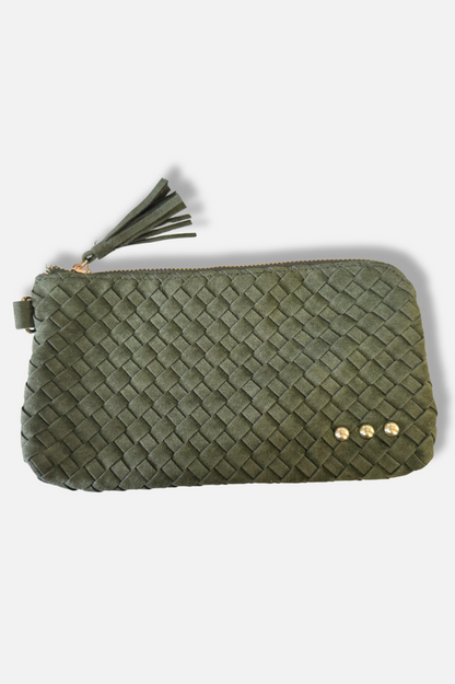 Suede Emma Woven Clutch Wristlet - Olive 
