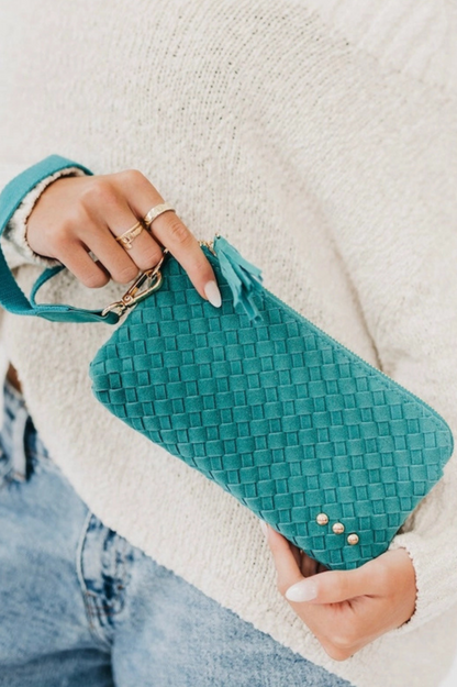 Suede Emma Woven Clutch Wristlet - Teal