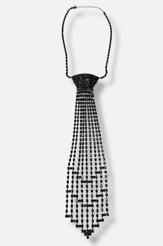 Noir Crystal Fringe Tie Necklace