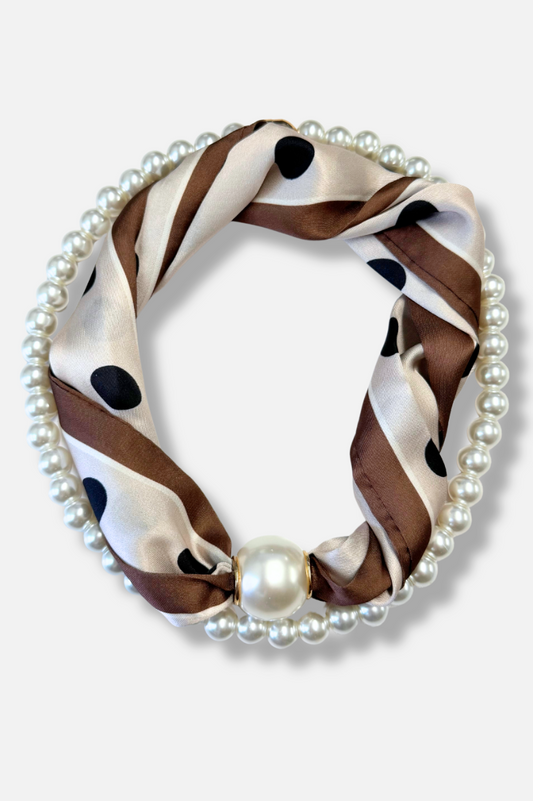 Vivienne Pearl Scarf Necklace - Brown & Dots 
