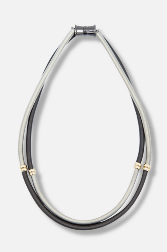 Two Tone Double Wire Necklace - Silver & Black 