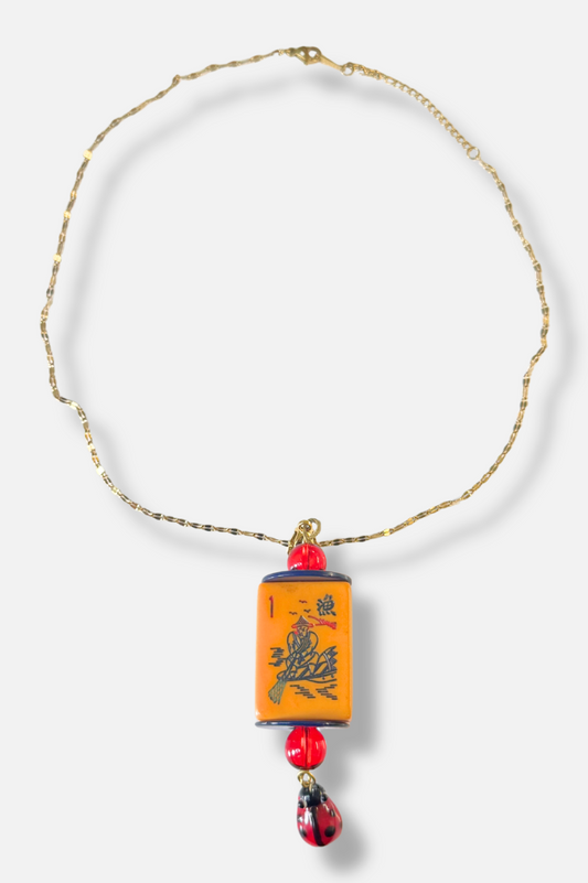 Vintage Bakelite Mah-Jongg Coin Necklace - Ladybug Charm #1