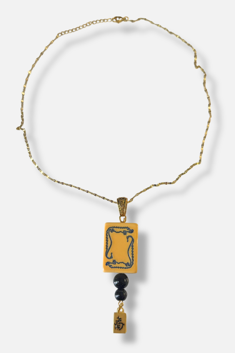 Vintage Bakelite Mah-Jongg Tile Necklace - Gold Charm