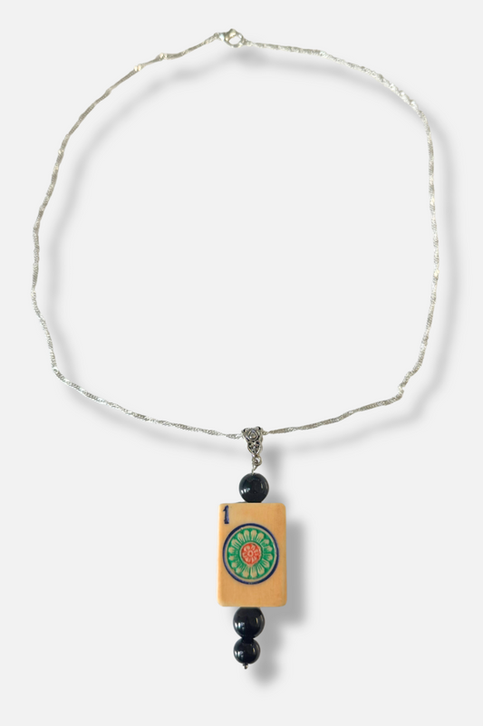 Vintage Bone & Bamboo Mah-Jongg Necklace - Black 