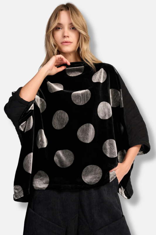 Everyday Velvet Funnel Pullover Top - Black & Silver Dot 
