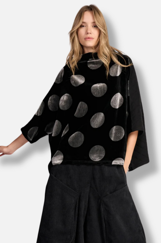 Everyday Velvet Funnel Pullover Top - Black & Silver Dot 