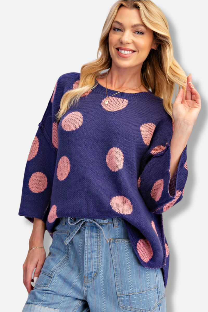 Polka Dot Knit Sweater - Blue 
