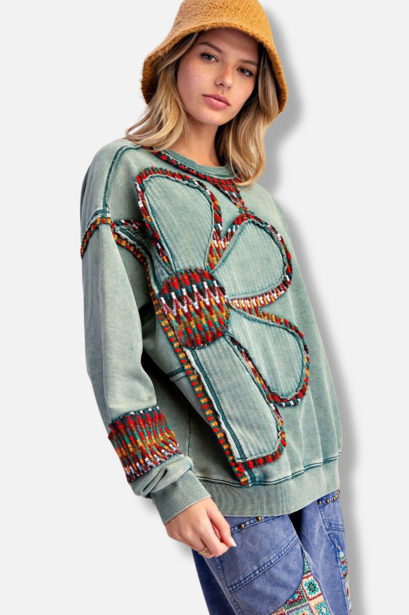 Floral Patch Pullover - Pine