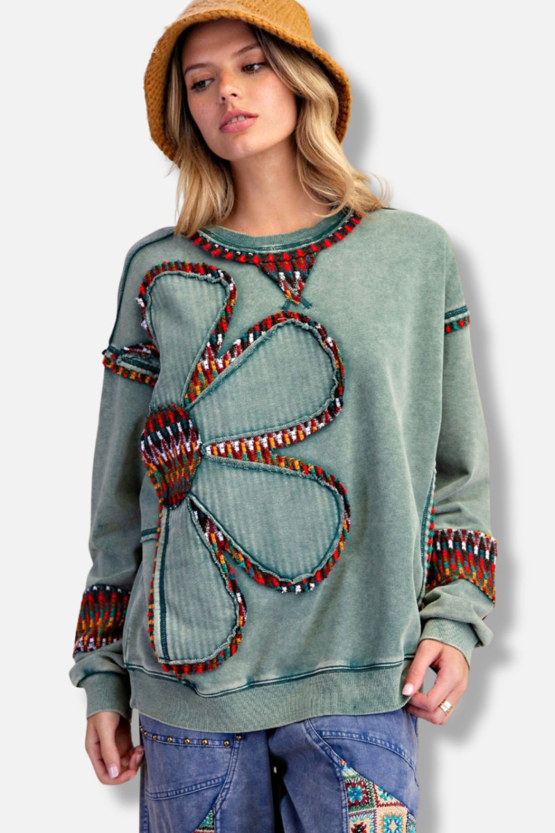Floral Patch Pullover - Pine