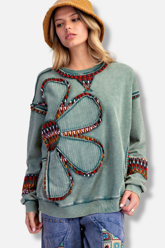 Floral Patch Pullover - Pine