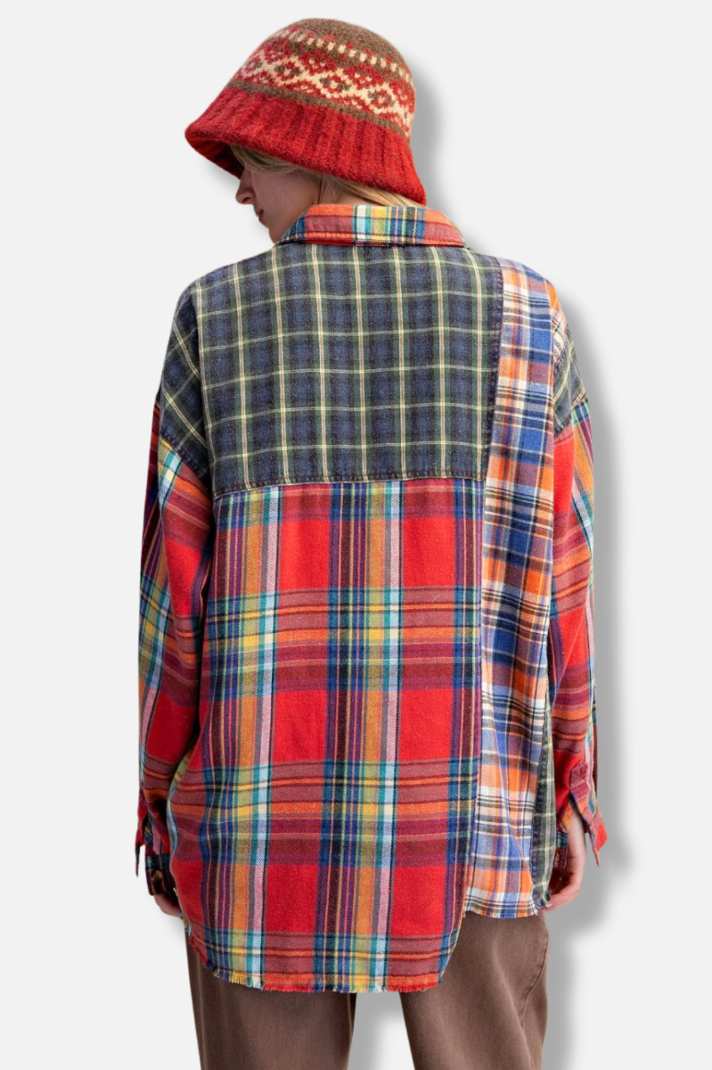 Plaid Mix Button Down Shirt - Navy & Red 