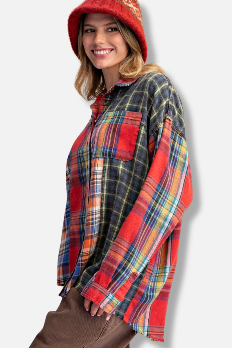 Plaid Mix Button Down Shirt - Navy & Red 