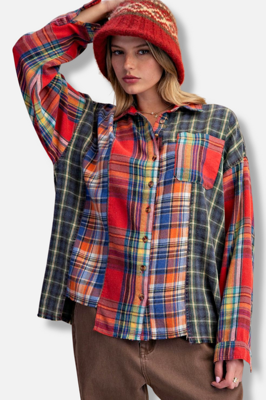 Plaid Mix Button Down Shirt - Navy & Red 