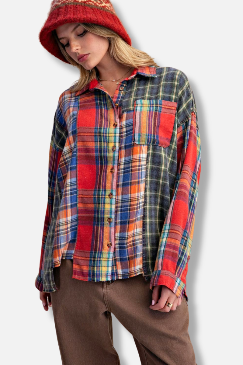 Plaid Mix Button Down Shirt - Navy & Red 